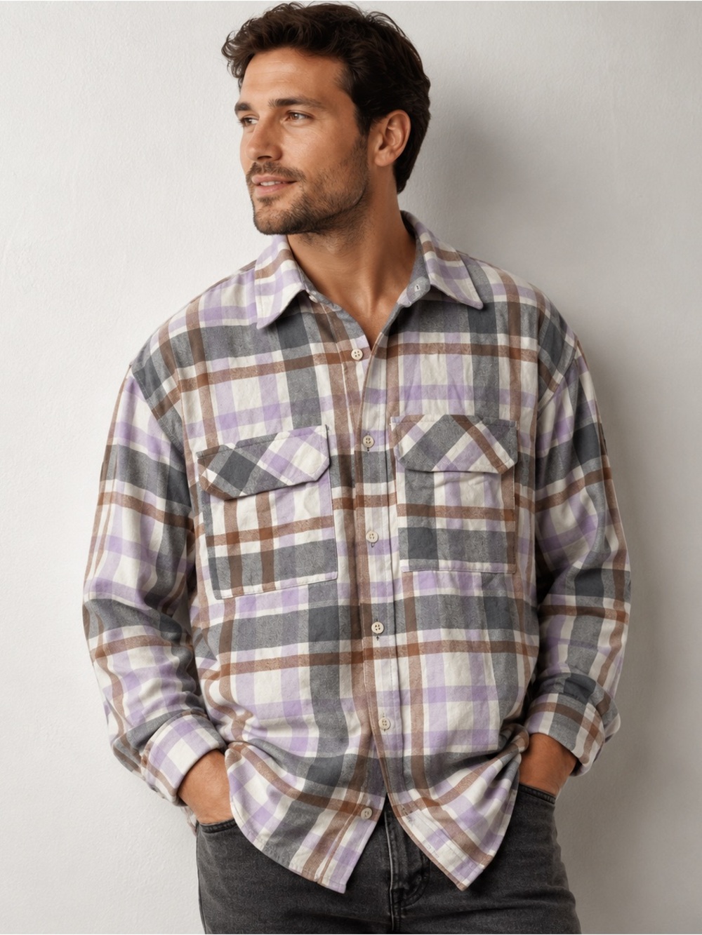Reserved Men's Plaid Button-Up Shirt Long Sleeve Point Collar Pockets L